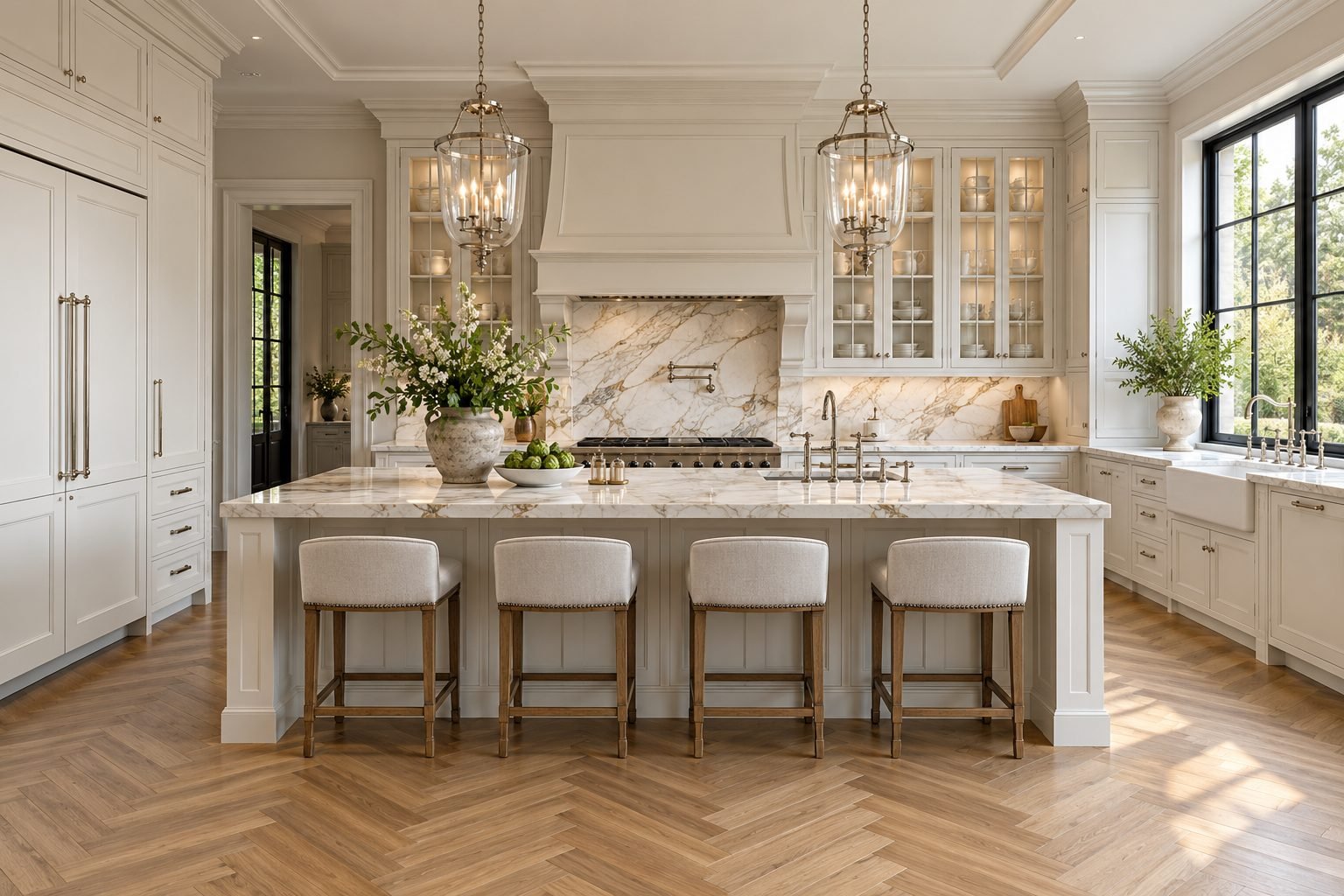Classic white shaker kitchen with marble benchtops and traditional mouldings