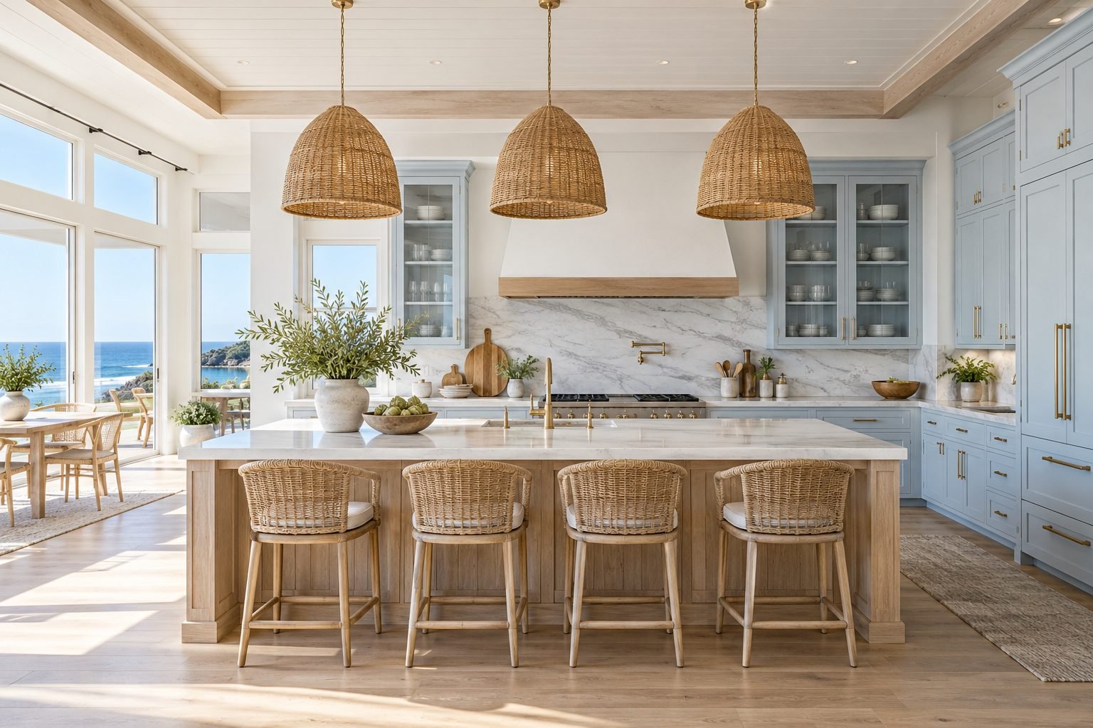 Airy coastal kitchen with light timber, white and pale blue cabinetry and rattan pendants