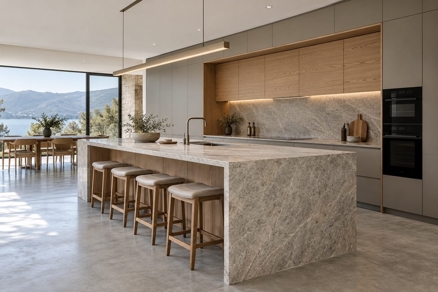 Contemporary handleless kitchen with a stone slab waterfall island