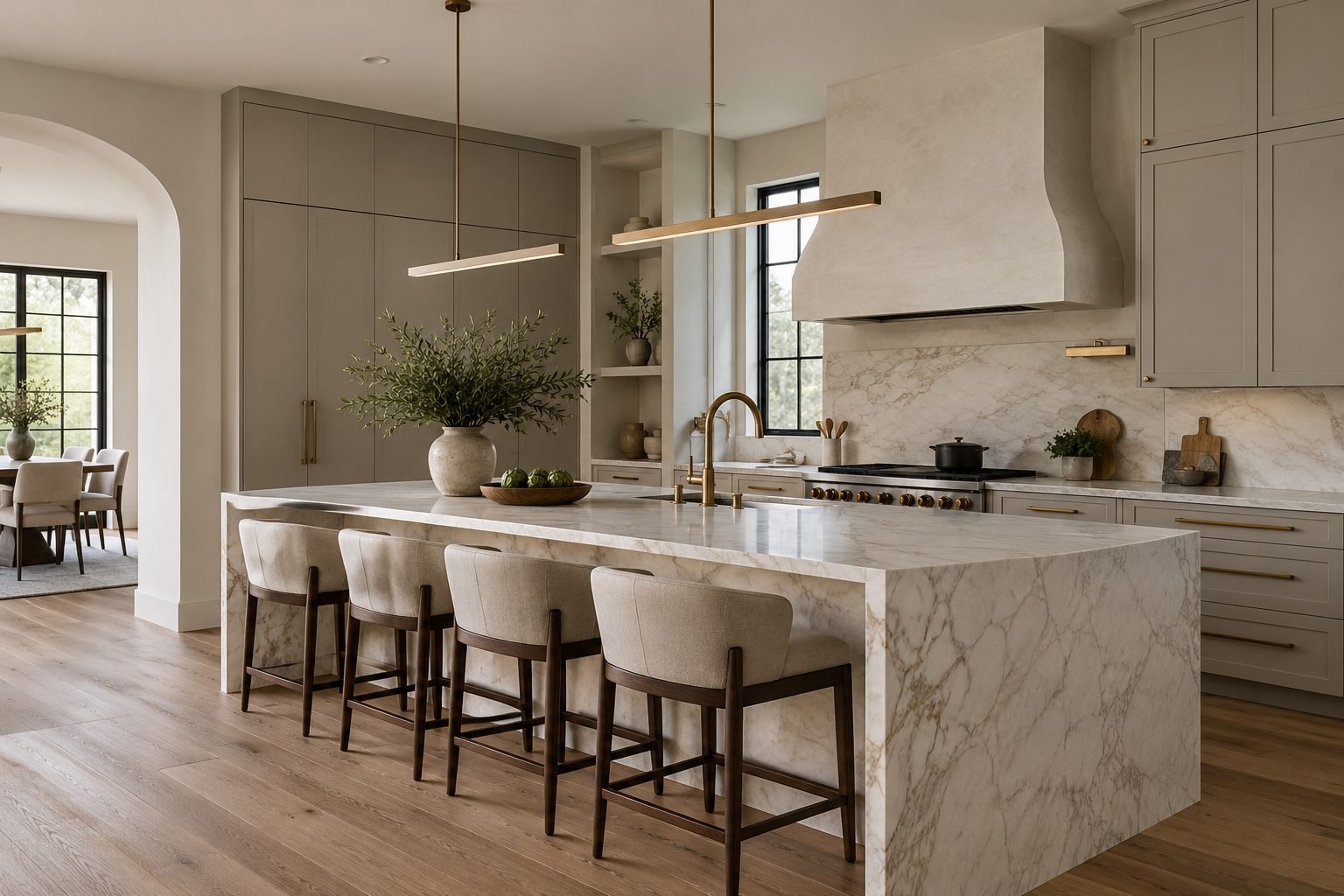Modern provincial kitchen with greige cabinetry, a curved plaster rangehood and a marble island