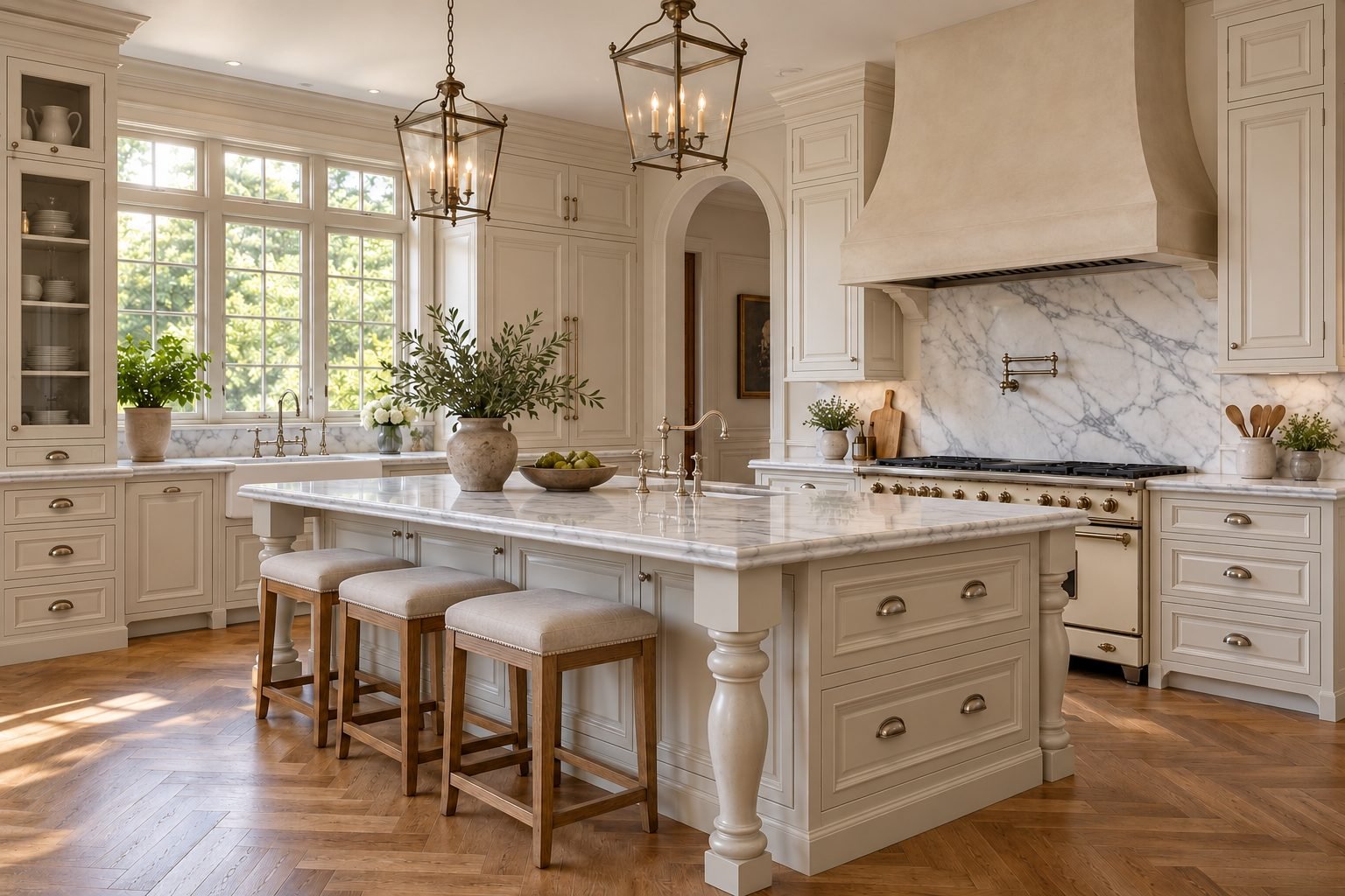 French provincial kitchen with raised-panel cabinetry, a canopy rangehood and lantern pendants