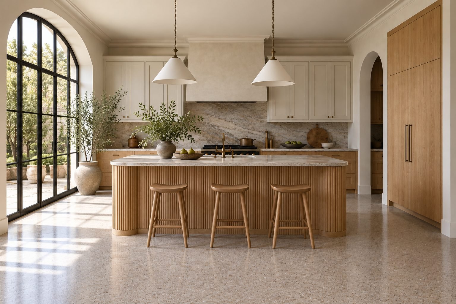 Wide view of a bright kitchen with an arched black steel window, cream shaker cabinetry and a fluted oak island