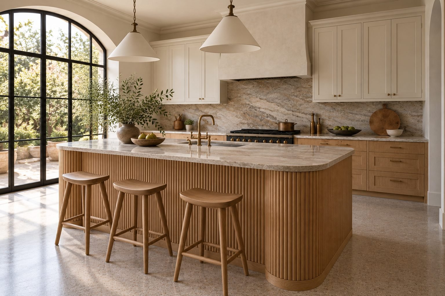 Three-quarter view of a fluted oak island with a stone benchtop under cone pendants