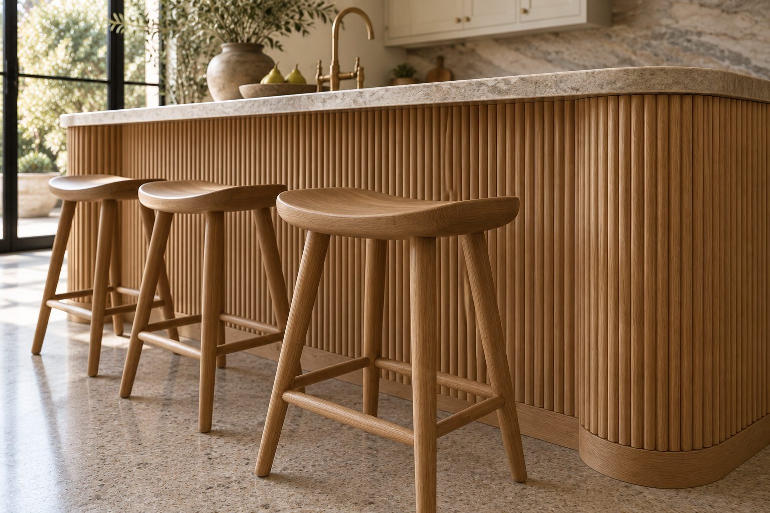 Close view of the fluted oak island face and bar stools
