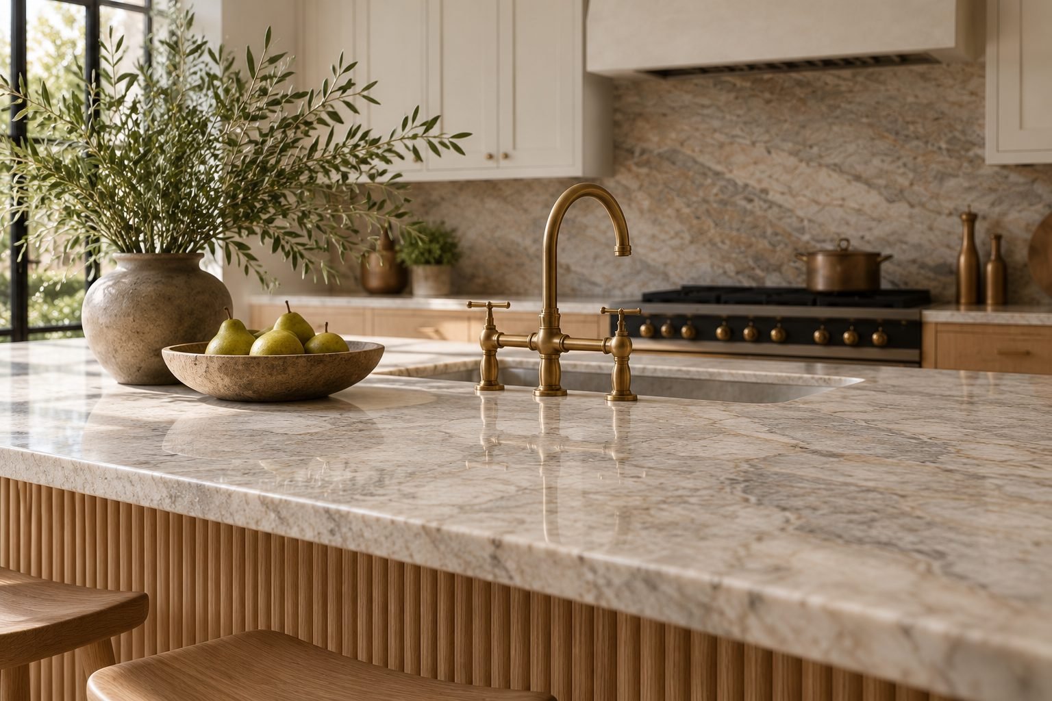 Stone benchtop detail with a brass tap