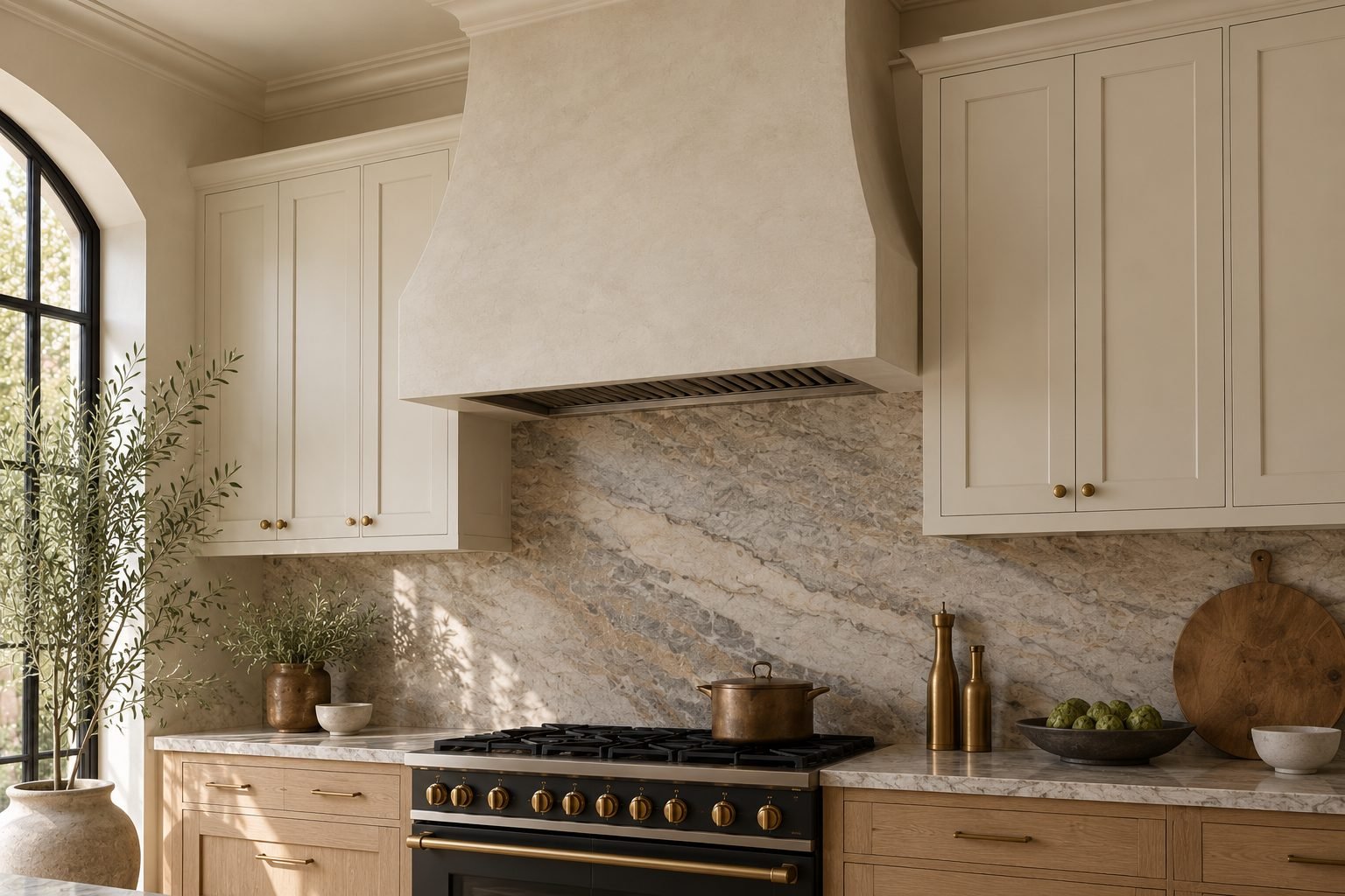 Curved plaster rangehood above a veined stone splashback