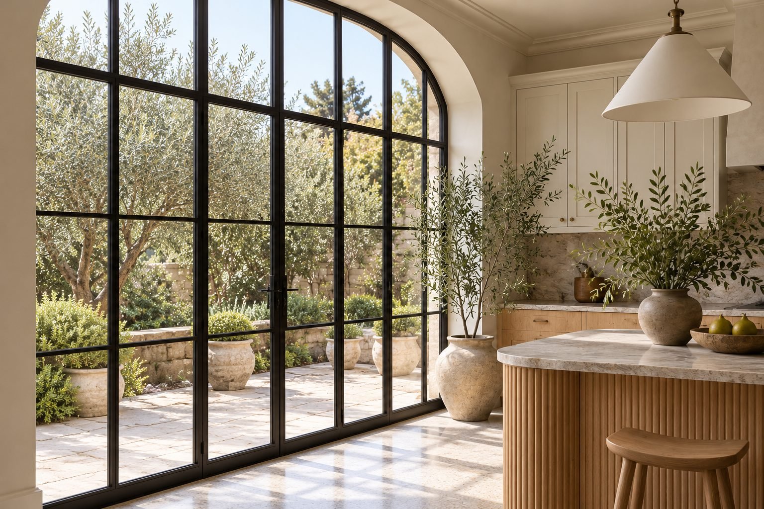 View through an arched black steel window to a garden with olive trees
